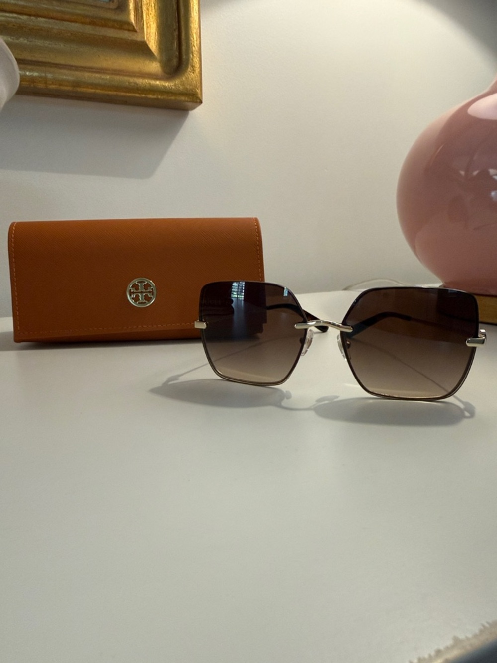 Tory Burch Gold Rimless Sunglasses with Brown Gradient Lenses and Tan Case
